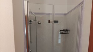 A glass-enclosed shower stall with a chrome showerhead and a handheld showerhead, a white tiled wall, and a door with a brass handle.