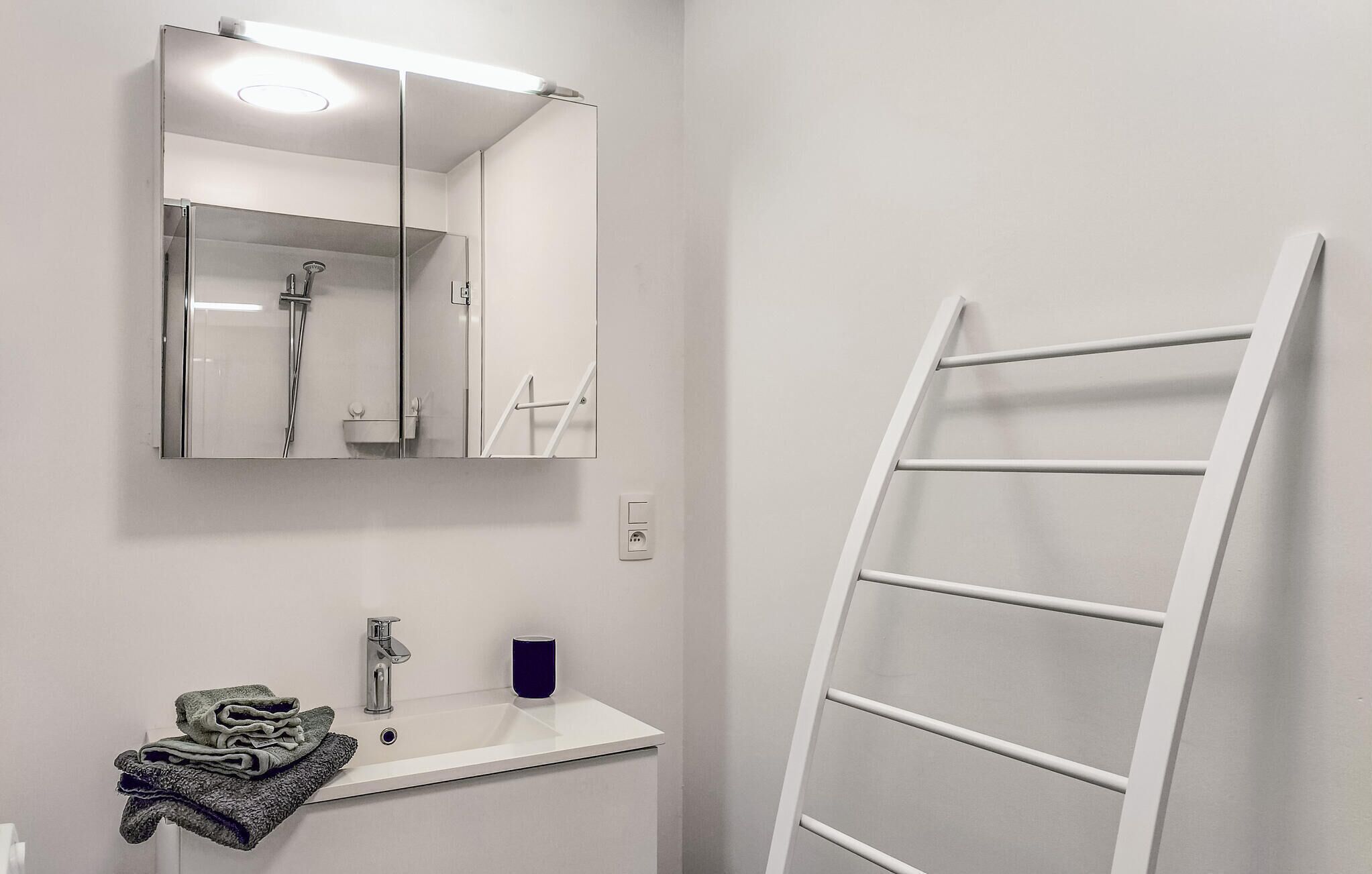 A bathroom with a white sink, a mirror, a towel rack, and a white ladder.