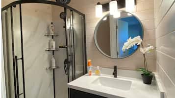 Hair dryer, towels, soap, toilet paper