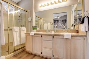 Hair dryer, towels, soap, shampoo