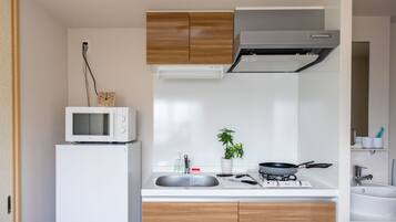 Fridge, microwave, stovetop, electric kettle