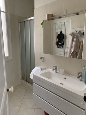 Shower, hair dryer, towels, soap