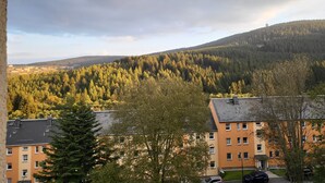 A residential area with apartment buildings, a forested hill, and a tower in the distance. - Oberwiesenthal, Unweit der Skipiste (Oberwiesenthal)