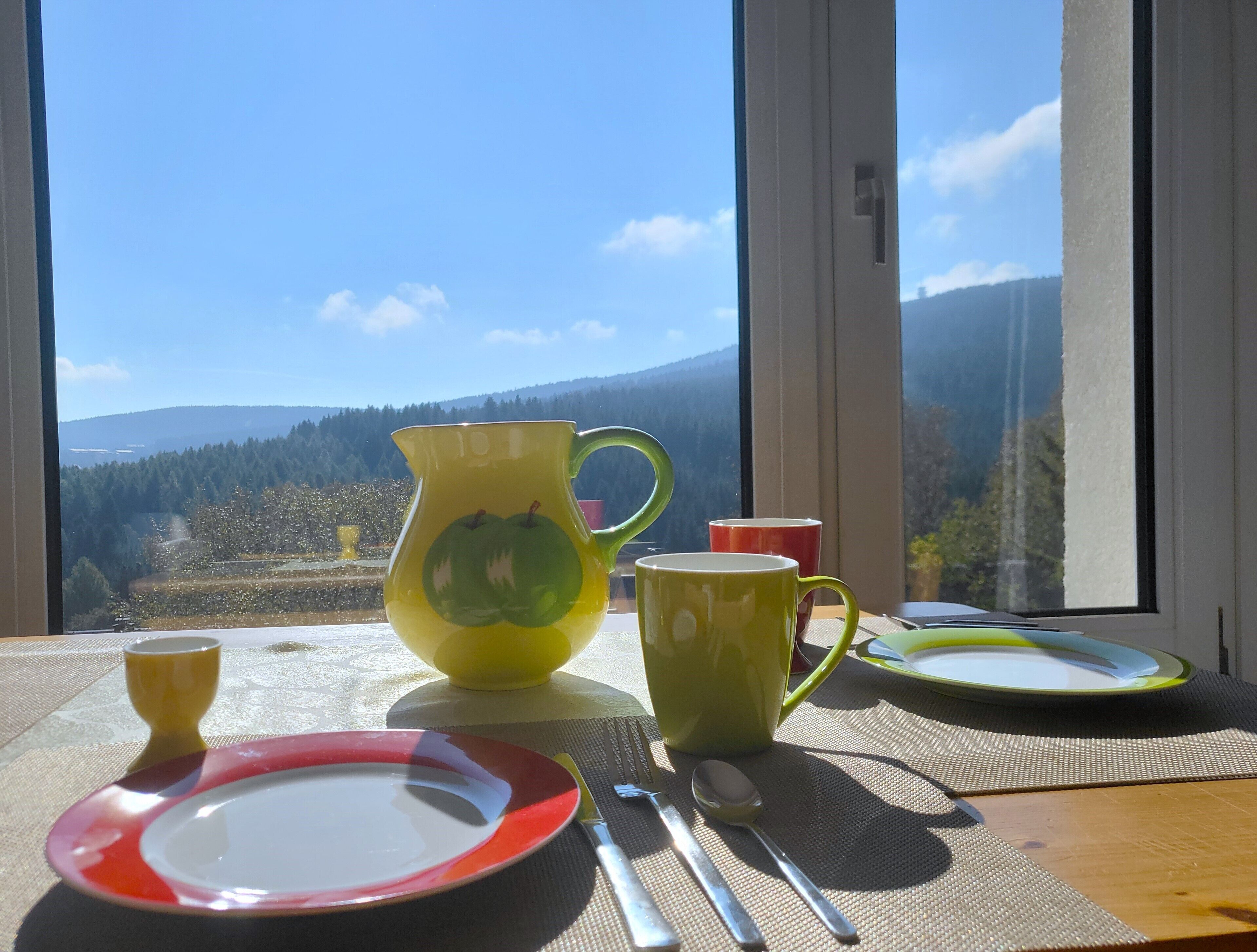 Ein Tisch ist gedeckt mit Tellern, einer Karaffe und Tassen, mit Blick auf eine malerische Berglandschaft durch ein Fenster.