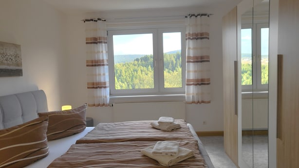 A bedroom with a bed, two pillows, a window with curtains, a radiator, and a view of trees. - Oberwiesenthal, Unweit der Skipiste (Oberwiesenthal)