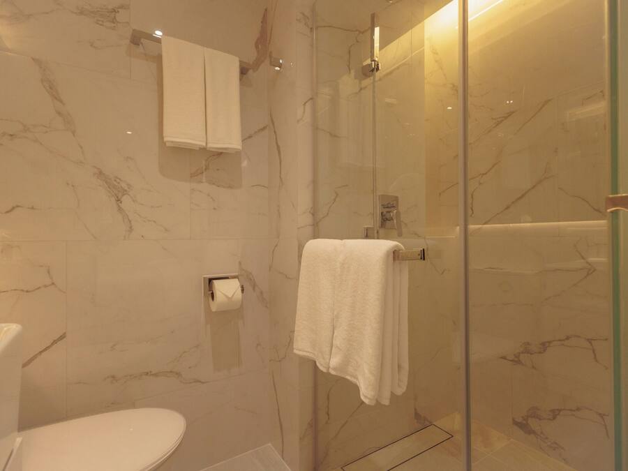 A bathroom with a toilet, a glass shower enclosure, marble walls, and a towel rack.