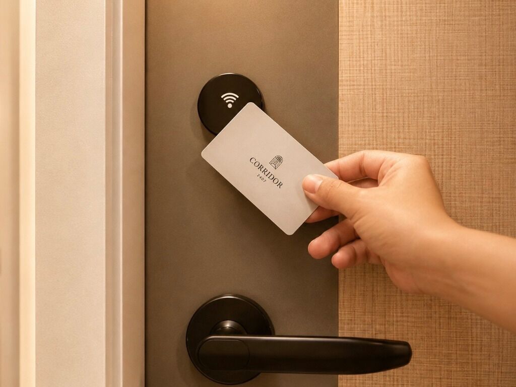 Une main tenant une carte sur laquelle est écrit le mot « COULOIR », près d’une porte dotée d’un clavier et d’une poignée.