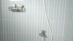 Een douche met een handdouche en een wandmengkraan.