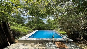A rectangular swimming pool with a metal ladder and a small platform, surrounded by lush greenery and trees. - Leopard Trails Yala (Kataragama)
