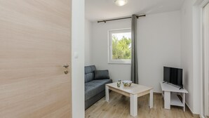A modern, minimalistic room with a grey sofa, a small table with a bowl, a TV on a stand, and a window with a view of trees. - Apartments Budimir (Vir)