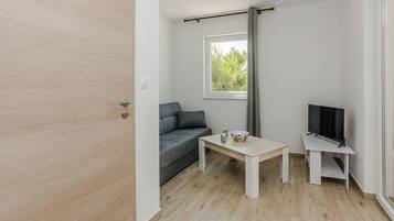 Apartamento básico | Zona de estar | Televisión de pantalla plana de 100 cm con canales por satélite