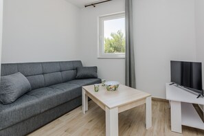 Basic Apartment | Living area | 100-cm flat-screen TV with satellite channels