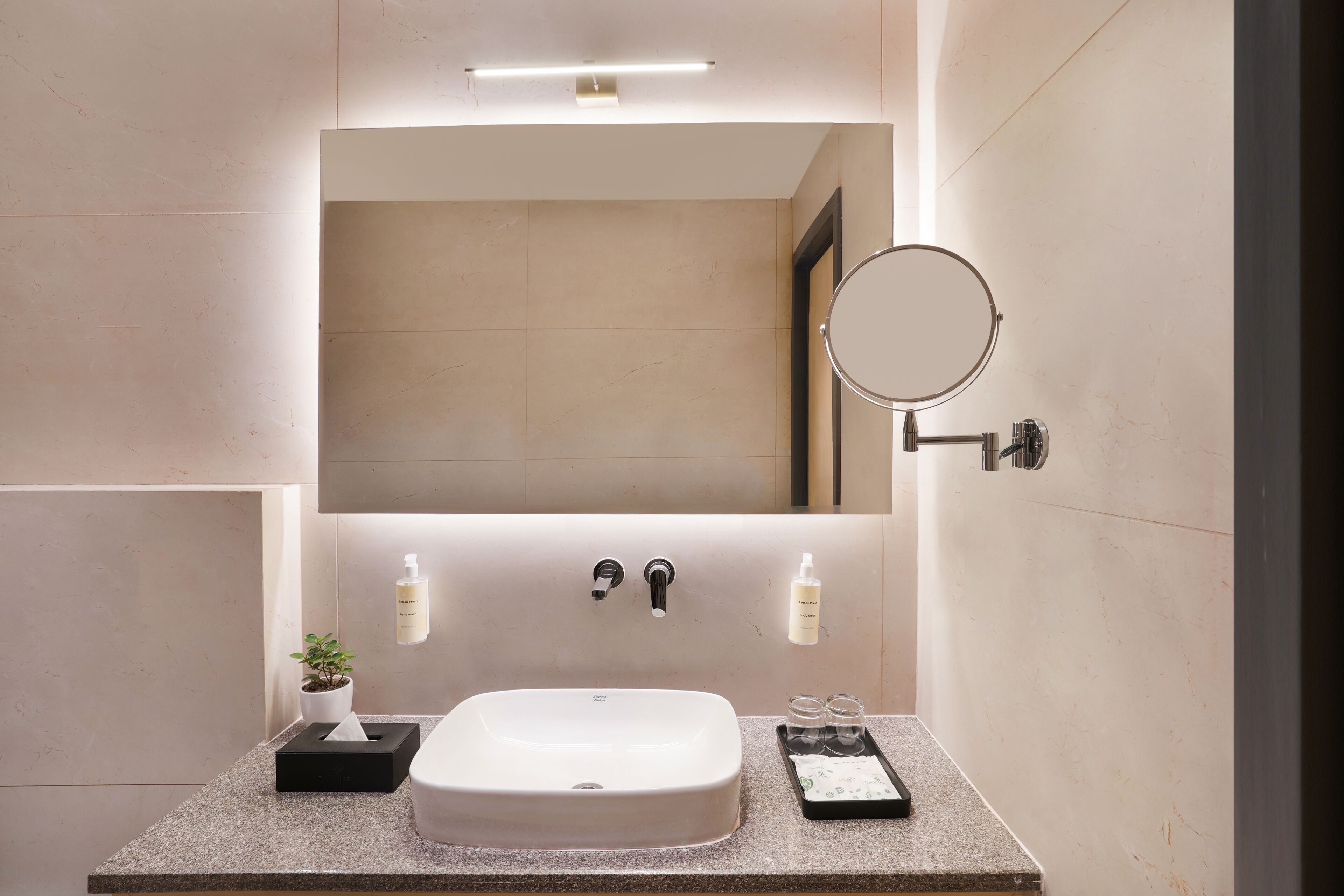 A modern bathroom with a large mirror, a sink, and a small plant.
