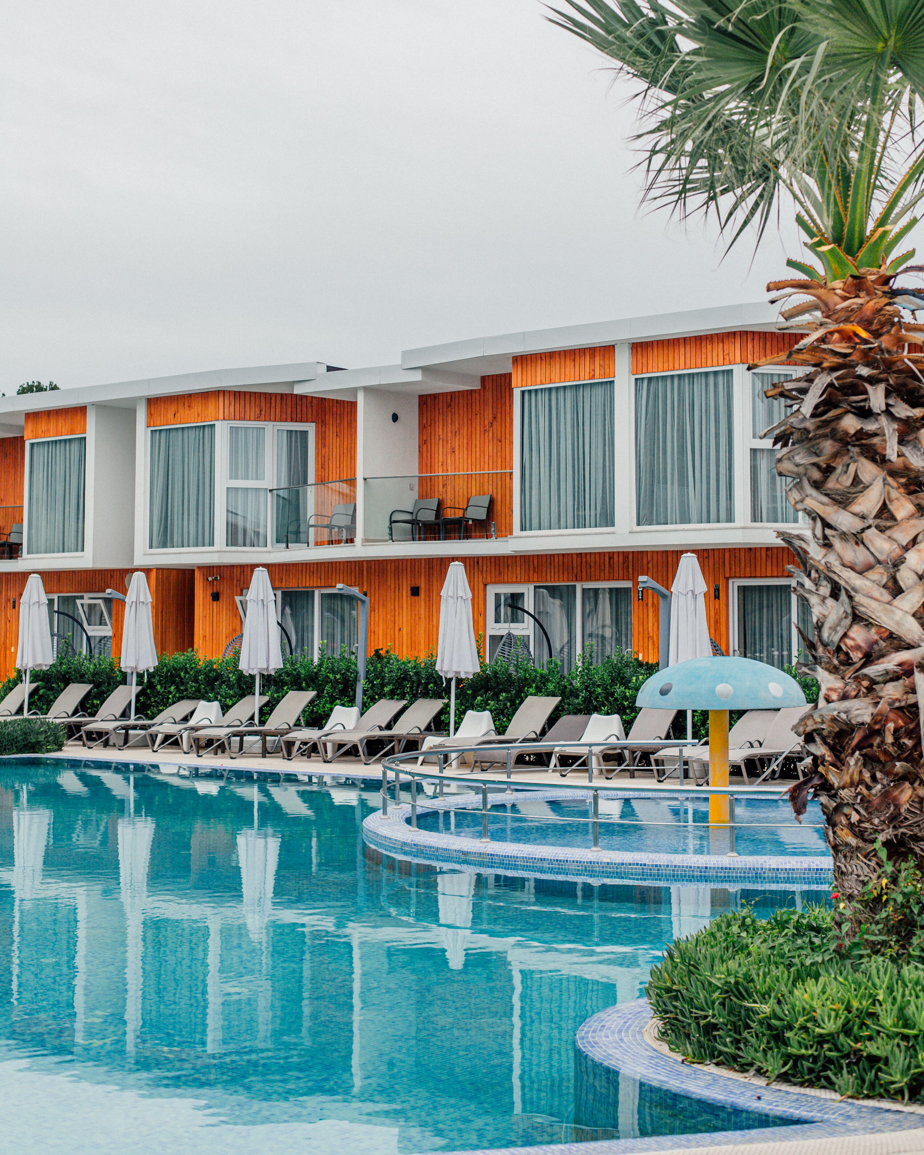 Ein Hotel mit Poolbereich, ausgestattet mit Liegestühlen und Sonnenschirmen, sowie einer Palme.