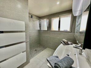 Shower, hair dryer, towels