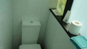 A small bathroom with a toilet, a towel, and a window.