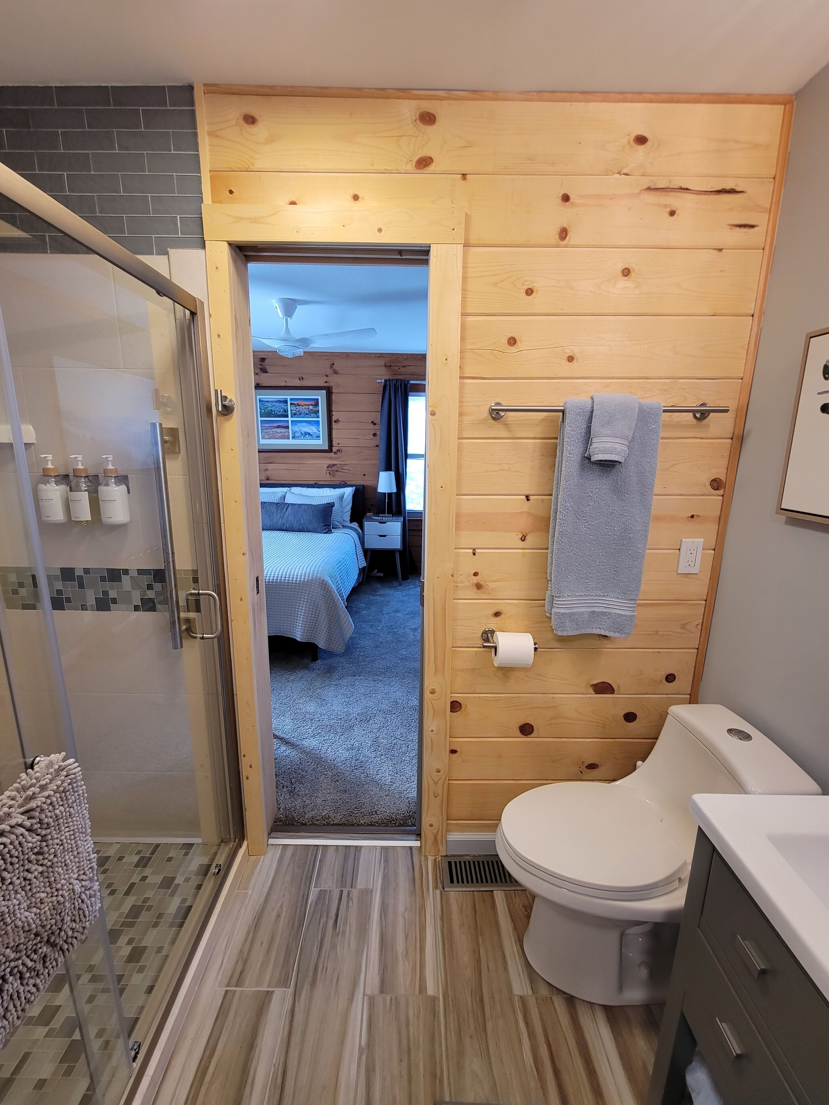Shower, hair dryer, towels, soap