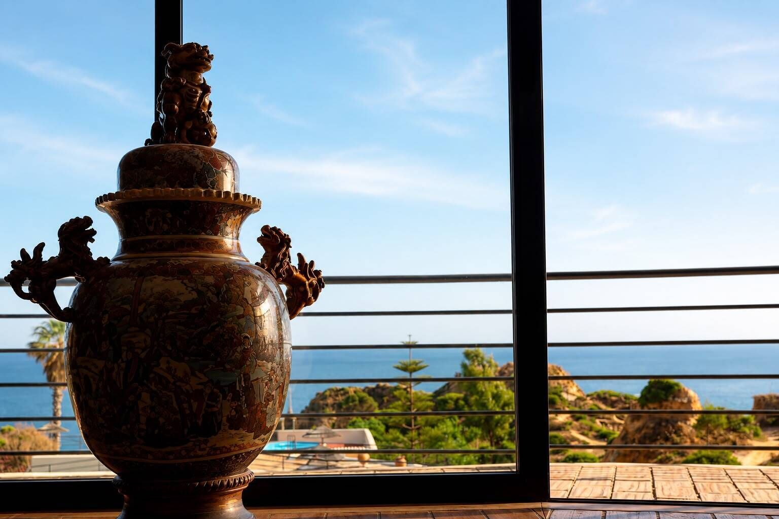 A large ornate vase on a balcony with a view of the sea and greenery.