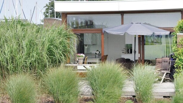 Une maison moderne avec une porte vitrée donnant sur un patio.