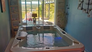 A hot tub in a room with a view of a garden and a window.