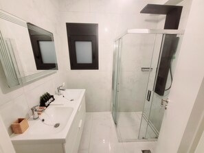 Hair dryer, bidet, towels, soap