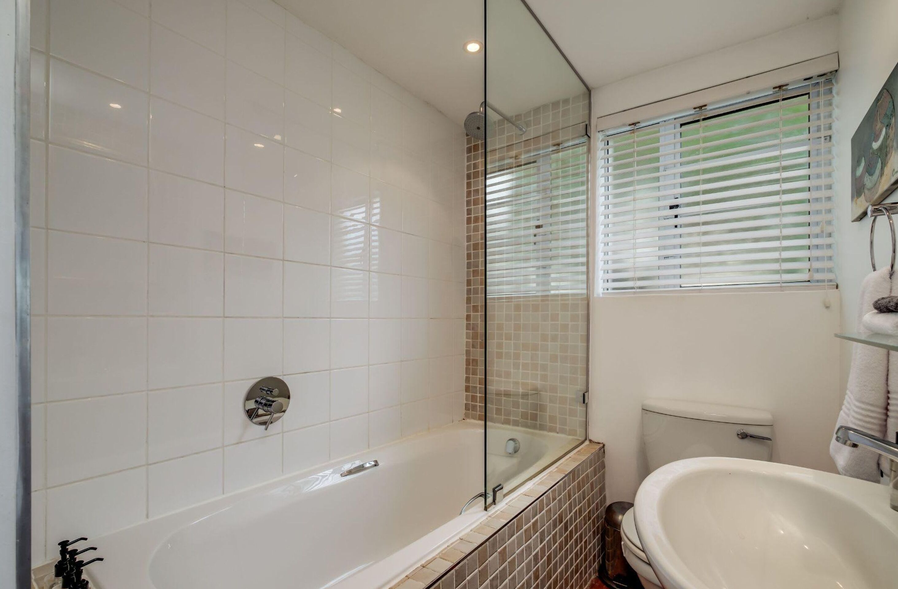 Un baño moderno con bañera, ducha con cerramiento de vidrio y un inodoro.