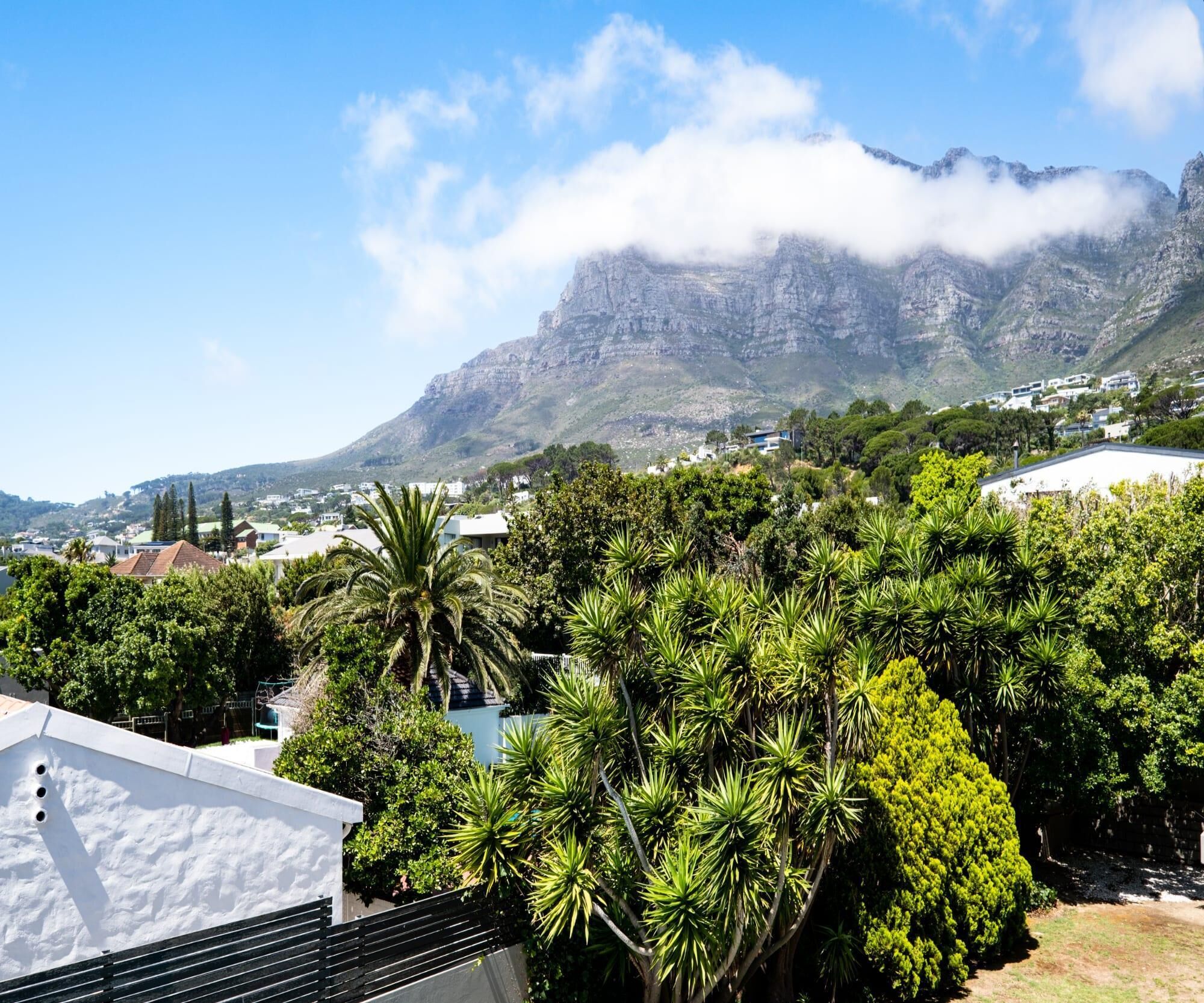 A residential area with a mountain in the background, lush greenery, and houses with modern architecture.