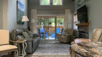 Smart TV, fireplace, books