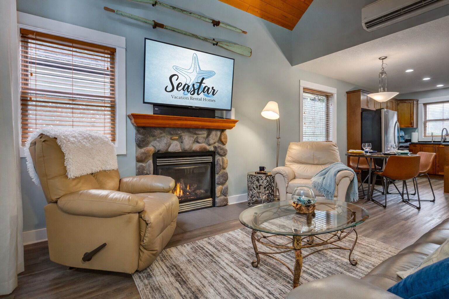 Smart TV, fireplace, books