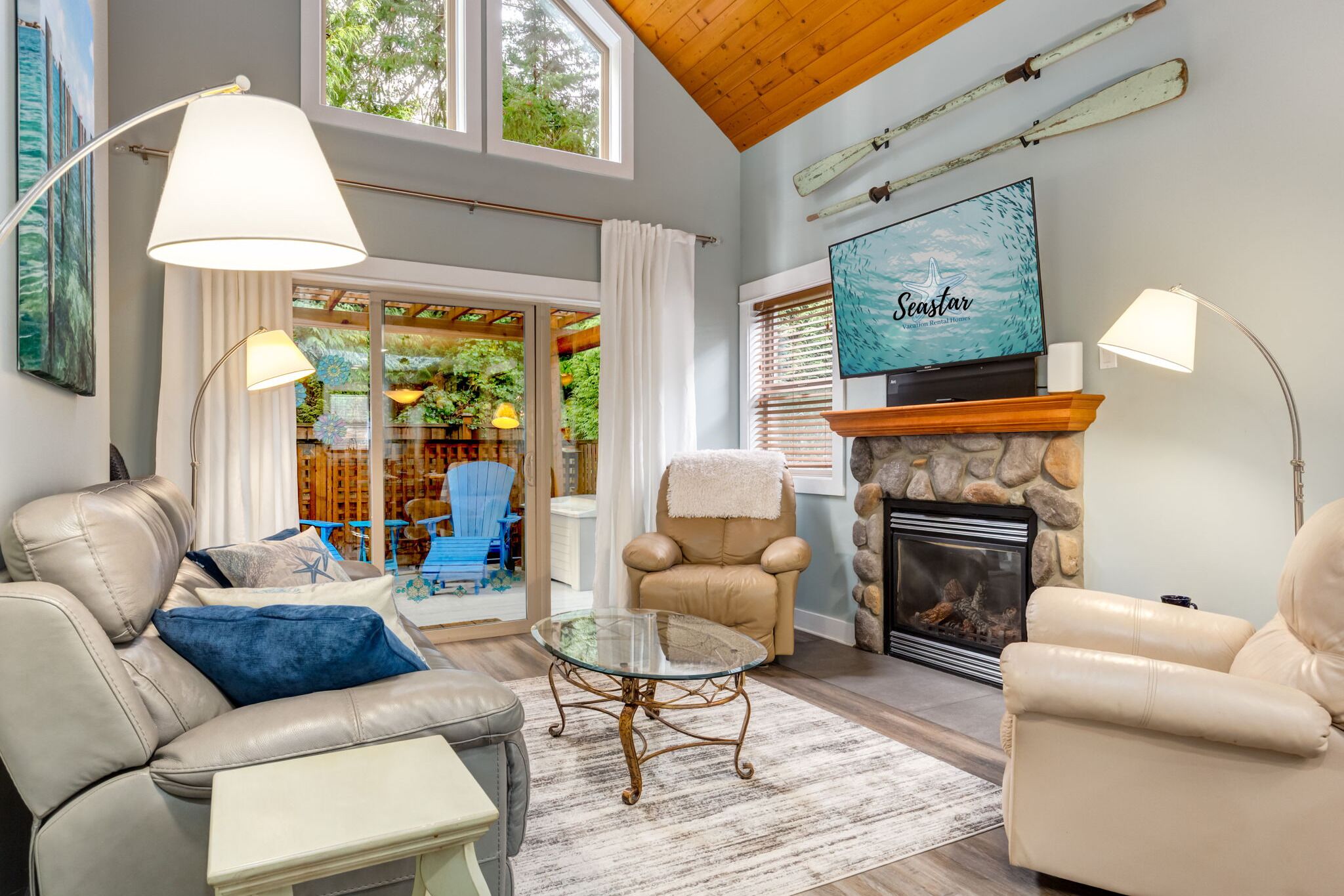 Smart TV, fireplace, books
