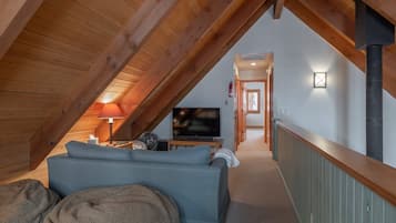 Smart TV, fireplace, video games, DVD player