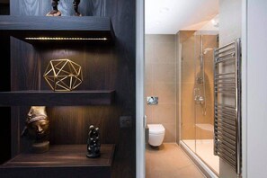 Shower, hair dryer, towels