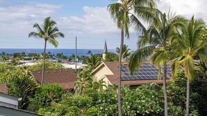A residential area with a house featuring a solar panel roof, surrounded by palm trees and lush greenery, with a view of the ocean in the background.