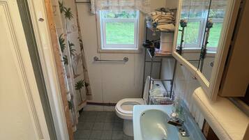 Shower, hair dryer, towels, toilet paper