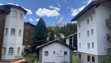 A hotel named Chalet Abacus with a view of a mountain.