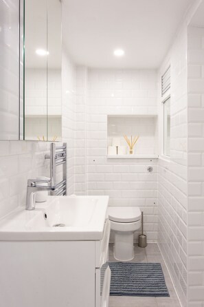 Shower, eco-friendly toiletries, hair dryer, towels