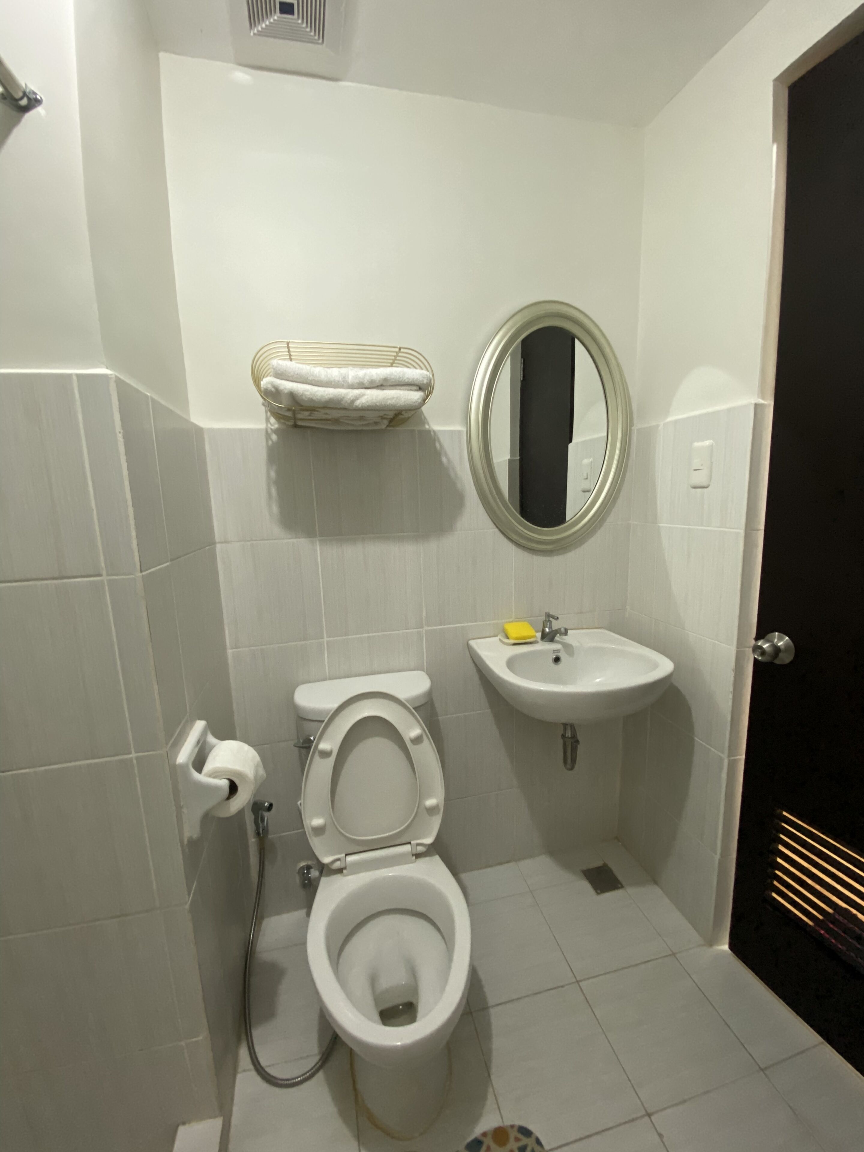 A bathroom with a toilet, sink, towel rack, and mirror.