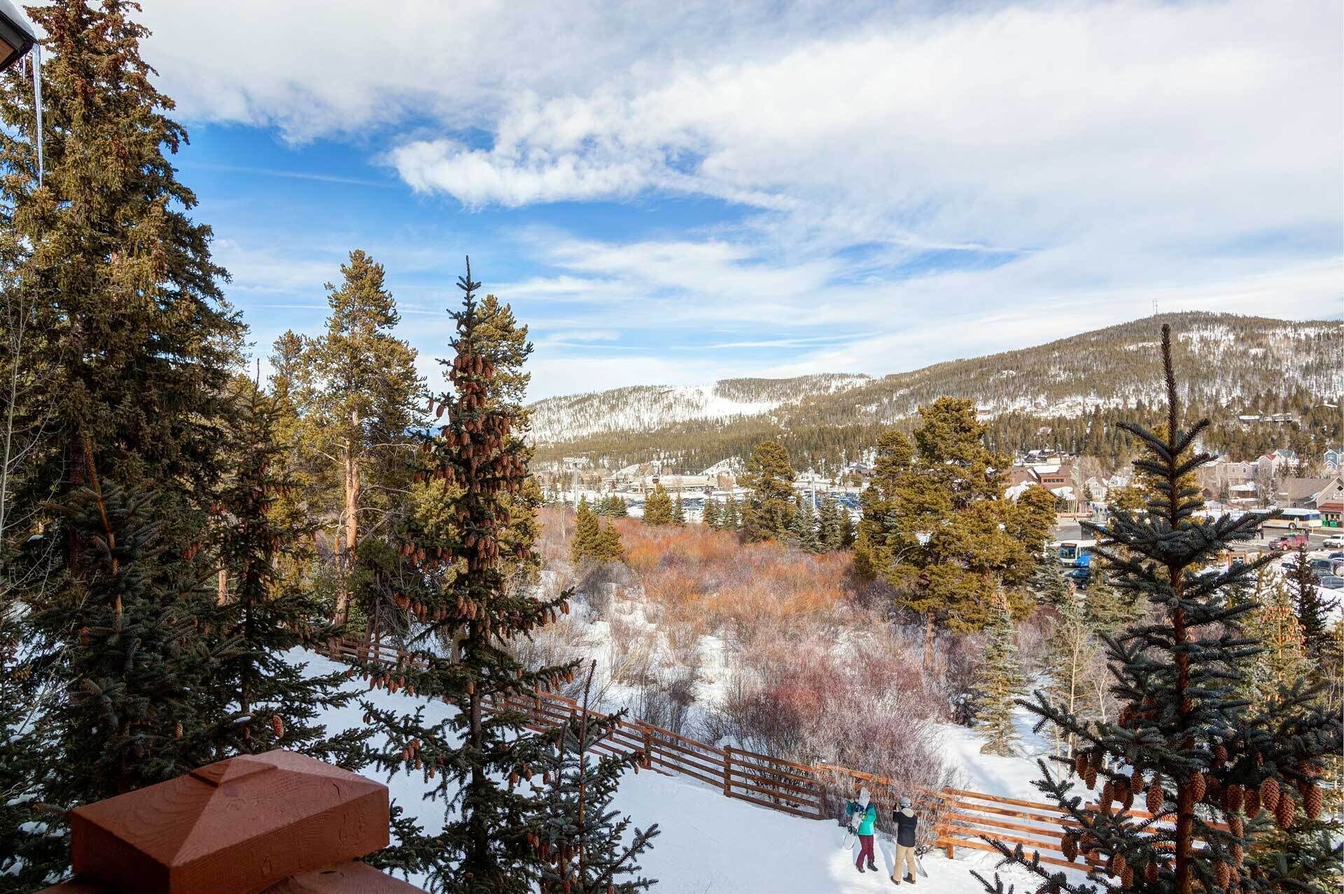 A snowy landscape with a wooden bridge and dense evergreen trees.