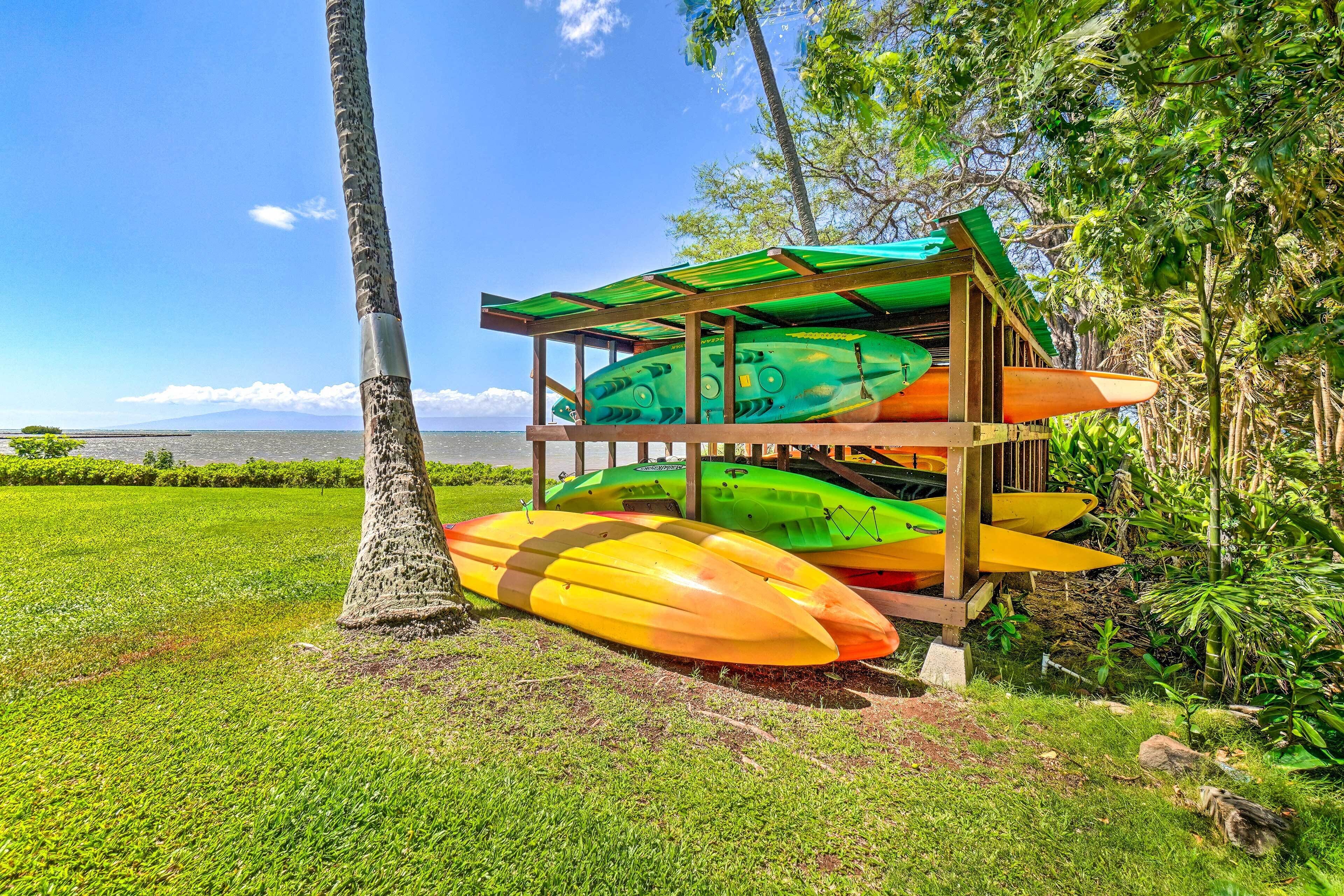 A covered structure with kayaks stored underneath, a grassy area, and a tree.