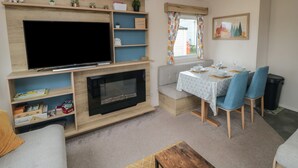 A cozy living room with a flat-screen TV, a fireplace, a dining area with blue chairs, and a bookshelf.