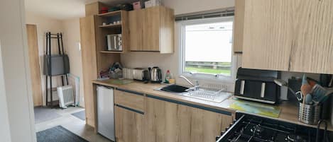 Fridge, electric kettle, toaster, cookware/dishes/utensils
