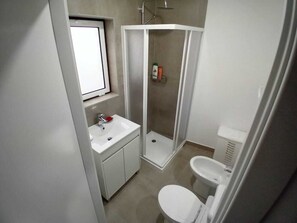 Hair dryer, bidet, towels, soap