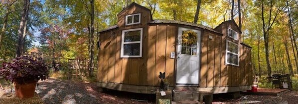 A wooden cabin with a door and windows, surrounded by trees.