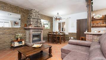 Télévision, cheminée, livres