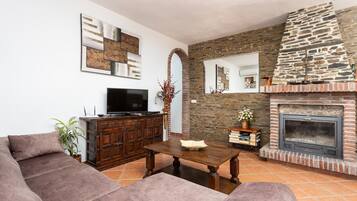 Télévision, cheminée, livres