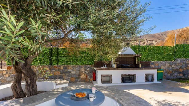 Une terrasse extérieure avec un barbecue, une table sur laquelle se trouve une assiette de nourriture et une tasse, et un arbre.