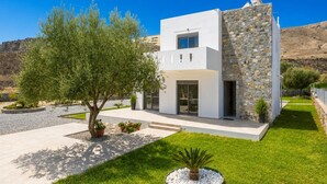 A modern two-story house with a stone facade, a flat roof, and a well-maintained lawn.