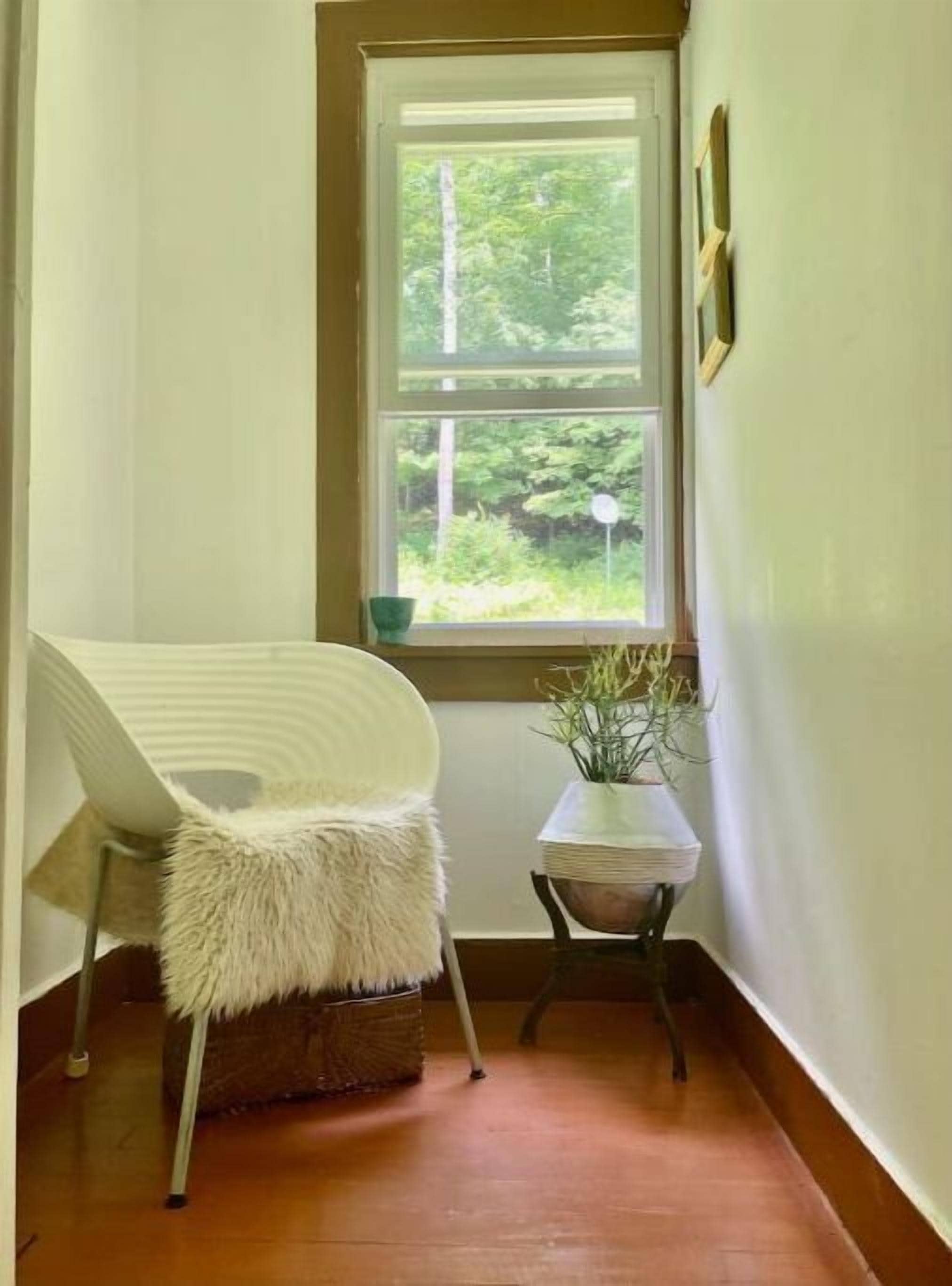 A narrow hallway with a window, a chair, and a small table with a plant.