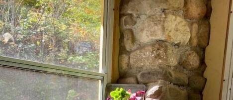 Un alféizar con una planta de cactus en maceta, una jardinera metálica con plantas verdes y rosas, y una silla de mimbre con un cojín estampado con flores.
