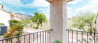 Mountain-view condo with private balcony + on-site pool, tennis/pickleball